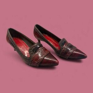 Deep Red Tory Burch Pointed Toe Patent‎ Leather Resoled Kitten Heels *blemishes*